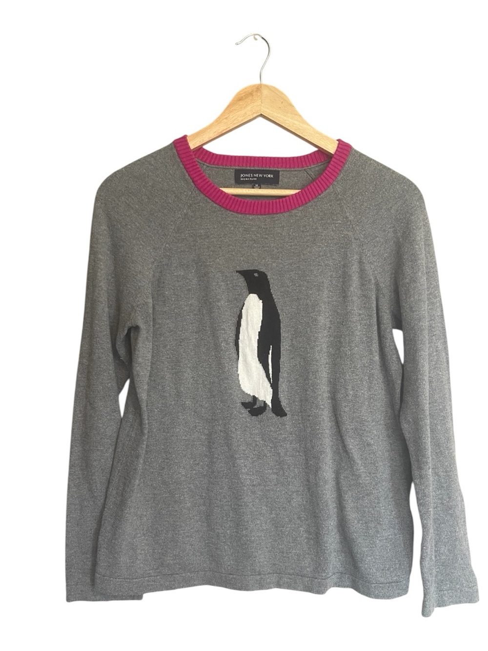 Jones New York Gray Crewneck Sweater with Pink Trim and Penguin Motif